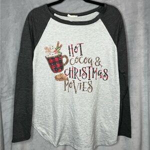 Gray and Black Long Sleeve Tee with Festive Print